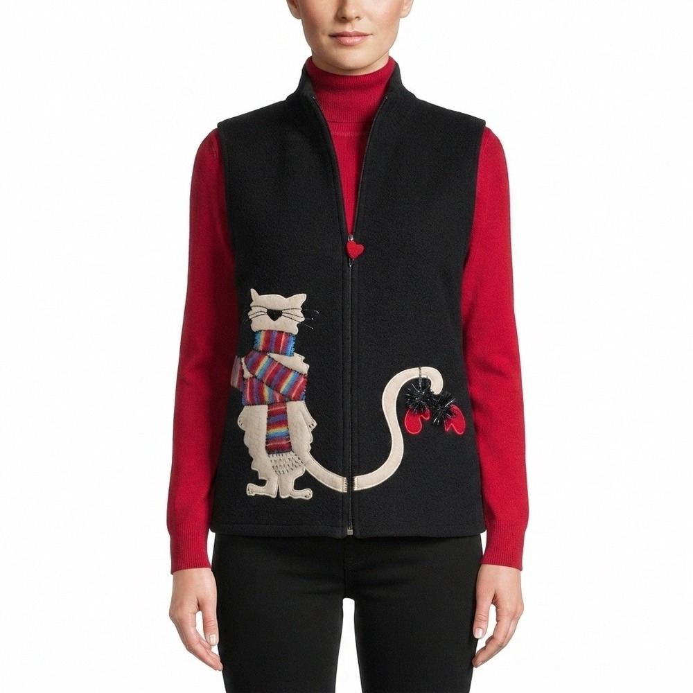 Coldwater Creek Vest Womens 2X Black Boiled Wool Cat Sweater Zip Holiday